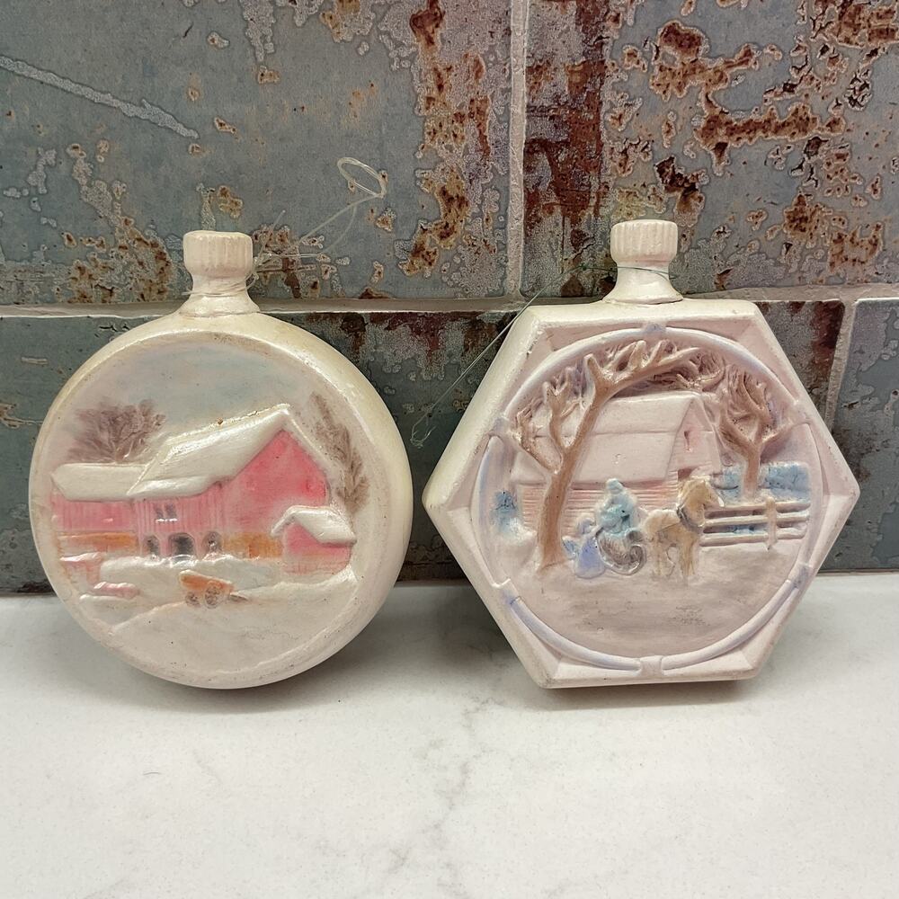 Ceramic Christmas Ornaments Hexagonal Wedgewood Style Hand Painted lot of 2